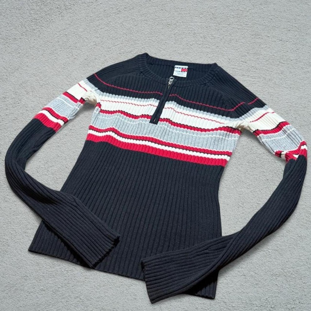 Tommy Hilfiger Jeans Womens XS Quarter Zip Ribbed Striped Sweater Black Red